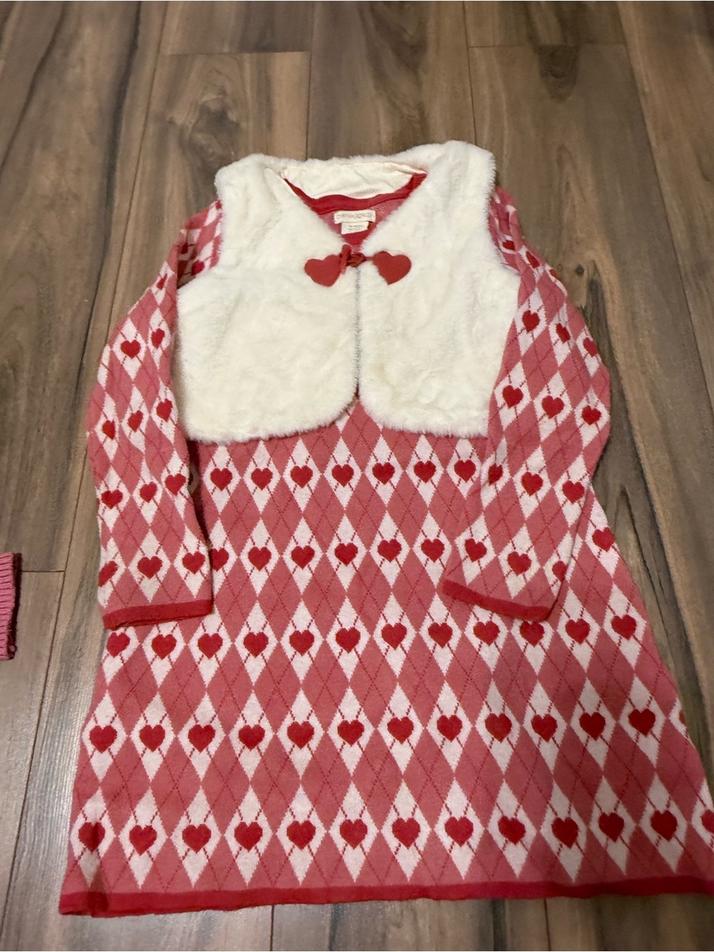 Girls Pink Heart Argyle Pajama Dress with Faux Fur Vest